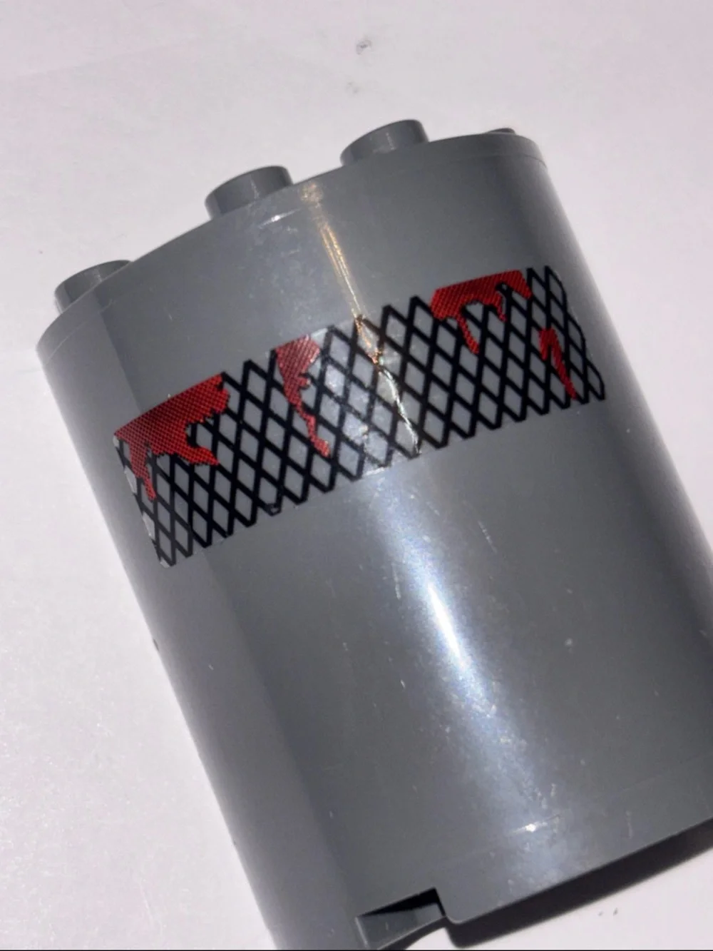 LEGO Dark Bluish Gray Cylinder with Red and Black Mesh Print (4)